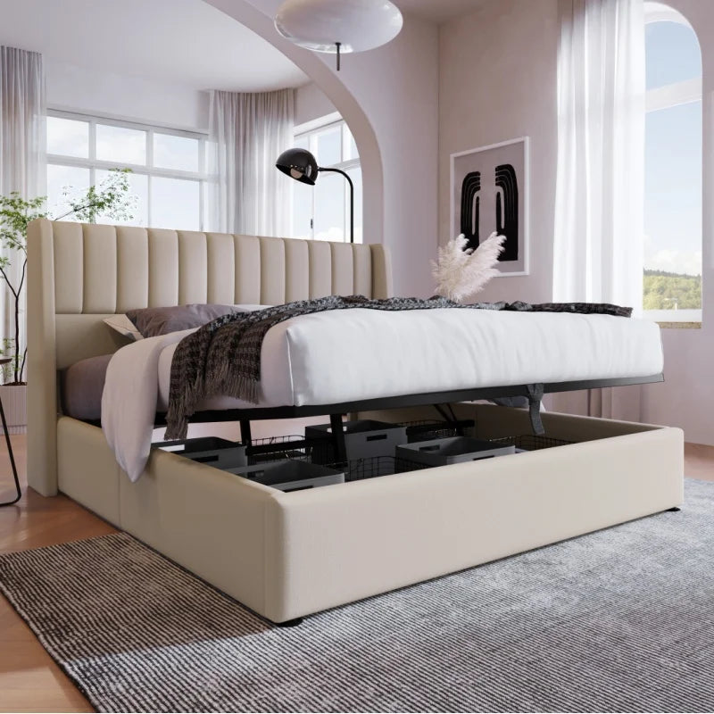 Bed Met Opbergruimte – Bedframe – Slaapbed – Opbergbed – Beige – Massief Hout – 140x200 Cm Matras