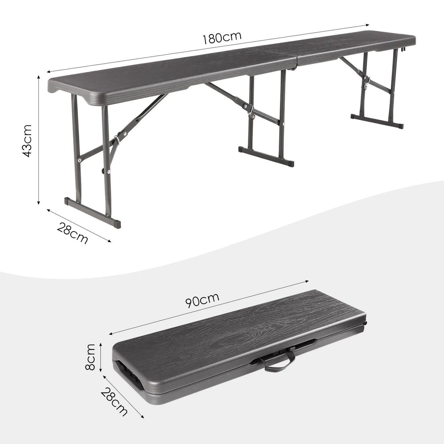 Opvouwbare Kunststof Bank met Handvat - 180x28x43 cm - Voor Tuin - Camping & Balkon - Draagbare kruk - Plastic opvouwbare bank - met handvat - Tuinkruk - Grijs