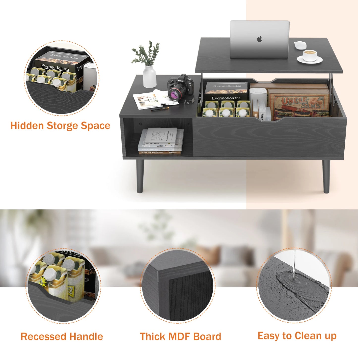 Verstelbare Salontafel - Met Lift-Top - Houten Koffietafel met Opbergruimte - Multifunctionele Eettafel - Bureau Voor Woonkamer - 100 x 50 x 44.2 cm - Zwart