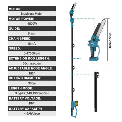 Telescopische Kettingzaag - Accu Kettingzaag – Kettingzaag - Elektrische Kettingzaag - Mini Kettingzaag - 8 Inch - Uitschuifbare Takkenzaag met 2 Batterijen - QUORE