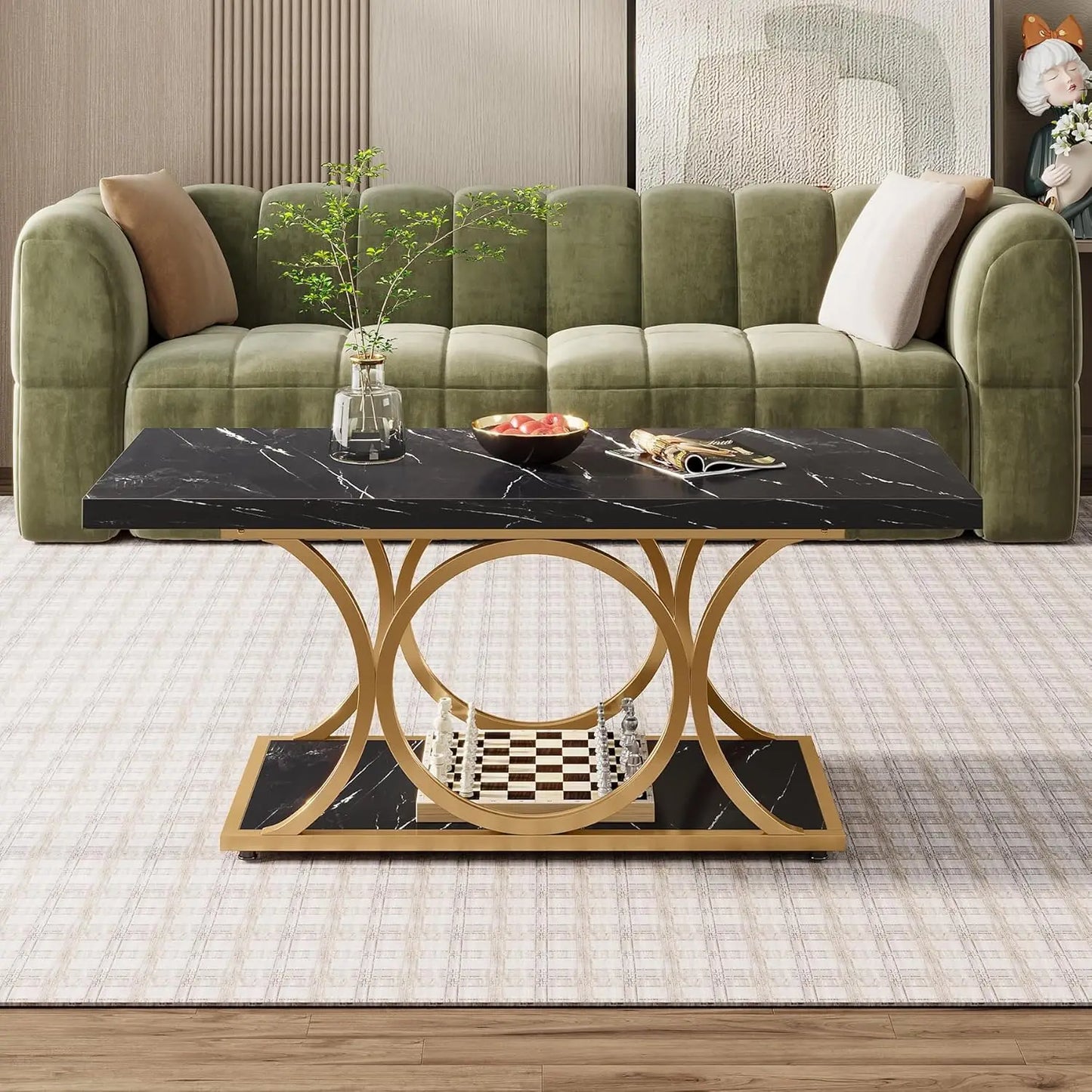 Salontafel – Coffee Table – Tafel – Woonkamertafel – Rechthoekige Tafel – Nep-Marmer Look – Verstelbare Pootjes - 120 x 60 x 48 cm - Zwart