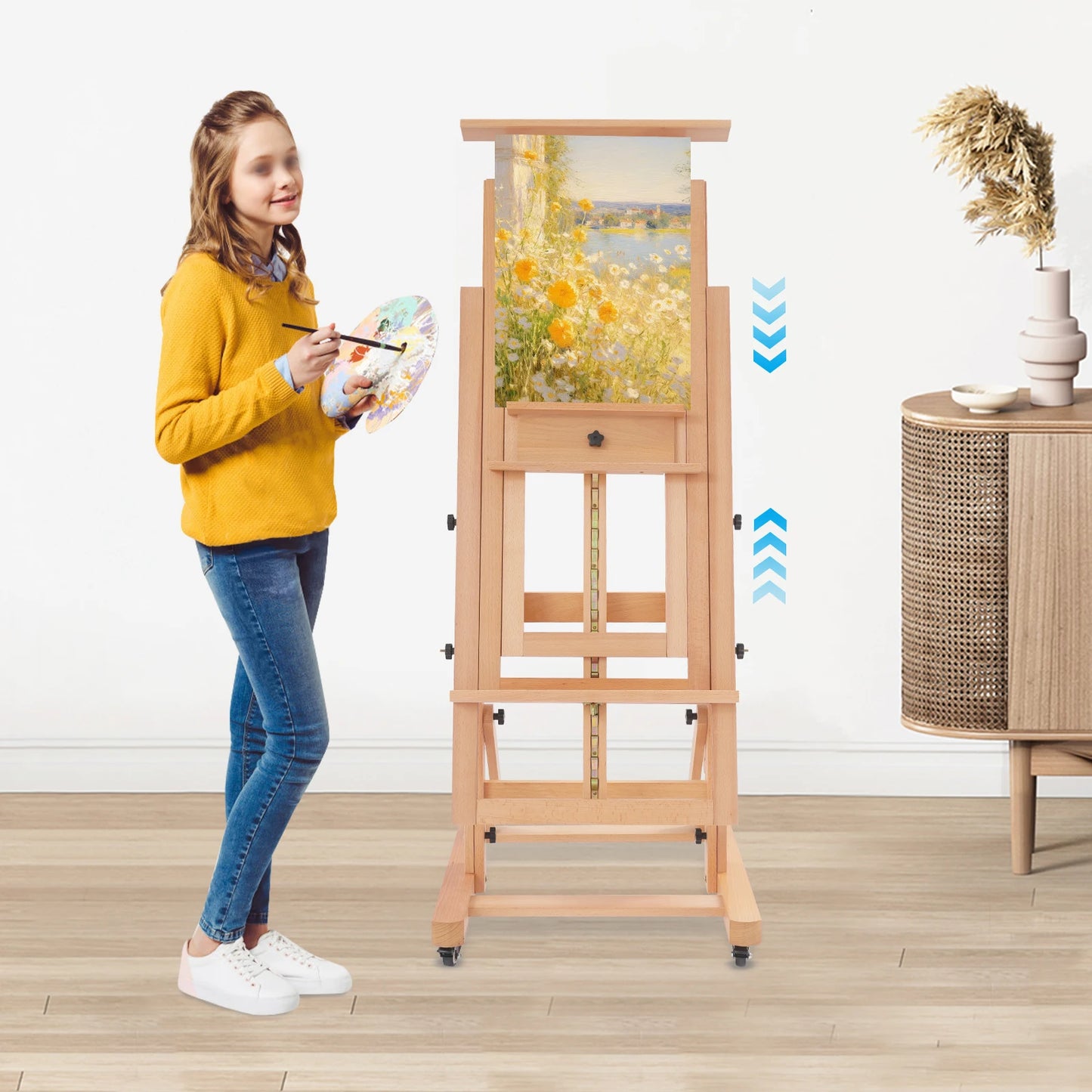 Professionele Schilders Ezels – Schildersezel – Kunstenaars Ezels – Teken ezel – Atelier ezel – Retro Kleur – Verstelbare Hoogte 140-300 cm – Massief Hout Met Wieltjes
