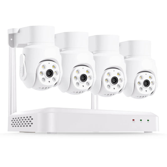 Draadloze Beveiligingscamera – 4 Stuks - 5MP - WiFi 6 - CCTV Camera Systeem –  Pan-Tilt Camera – IP66 Weerbestendig Systeem – Nachtzicht Kleur 15m – AI Persoonsdetectie & Tracking - Wit