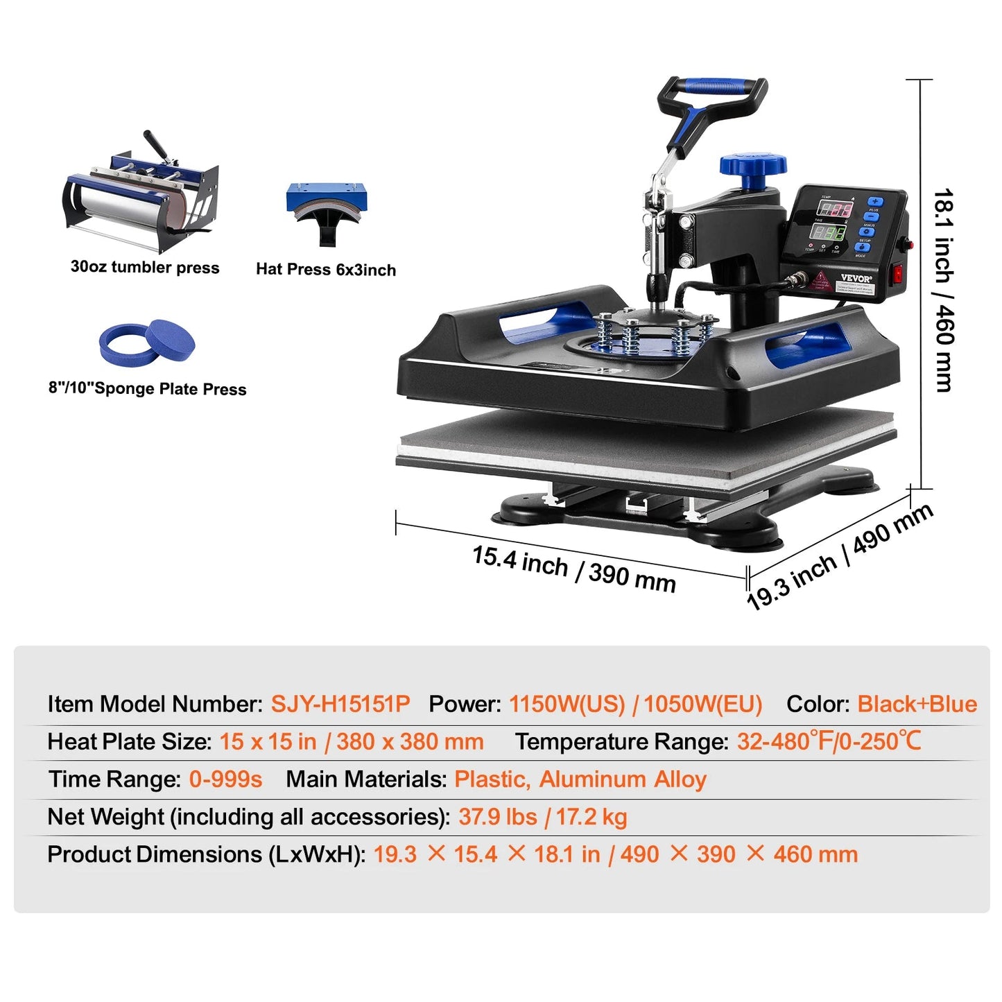 Multifunctionele Hittepers – Textielpers – Transferpers – Sublimatiepers – Kledingpers – 15x15 Inch Persoppervlak – 5-in-1 Opzetstukken