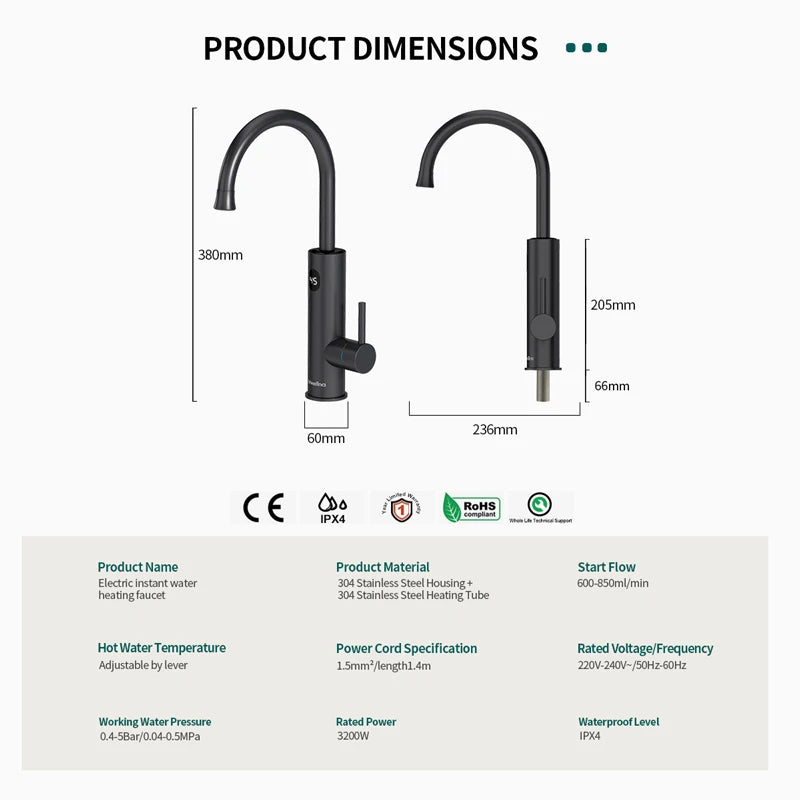 Kraan - Keukenkraan - Elektrische Instant  Waterverhitter Kraan - Thermostaatkraan - 220V - RVS Verwarmde Kraan met Universele Adapter - Mat Zwart