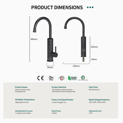 Kraan - Keukenkraan - Elektrische Instant  Waterverhitter Kraan - Thermostaatkraan - 220V - RVS Verwarmde Kraan met Universele Adapter - Mat Zwart