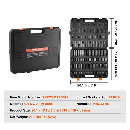 Impact Socket Set – 59-Piece 3/8" &amp; 1/2" Drive – Cr-Mo Steel – Impact Wrench Sockets – SAE &amp; Metric (6-32mm) – With Storage Case – Black