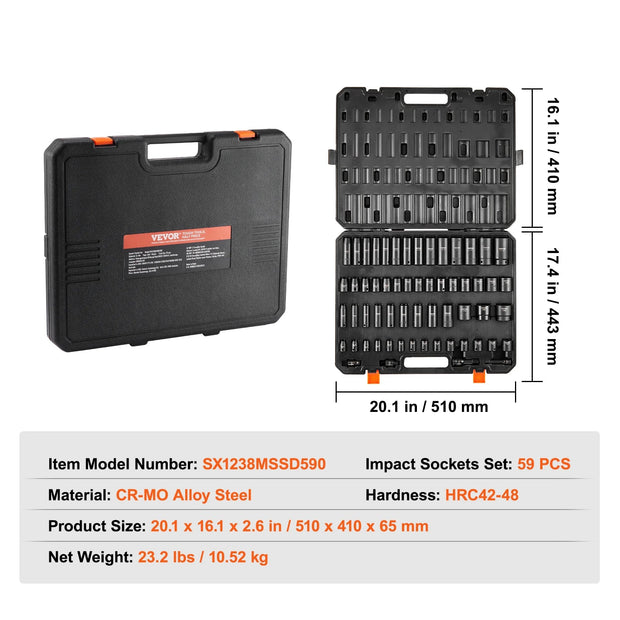 Impact Doppenset – 59-delige 3/8" & 1/2" Drive – Cr-Mo Staal – Slagmoersleutel Doppen – SAE & Metrisch (6-32mm) – Met Opbergkoffer – Zwart
