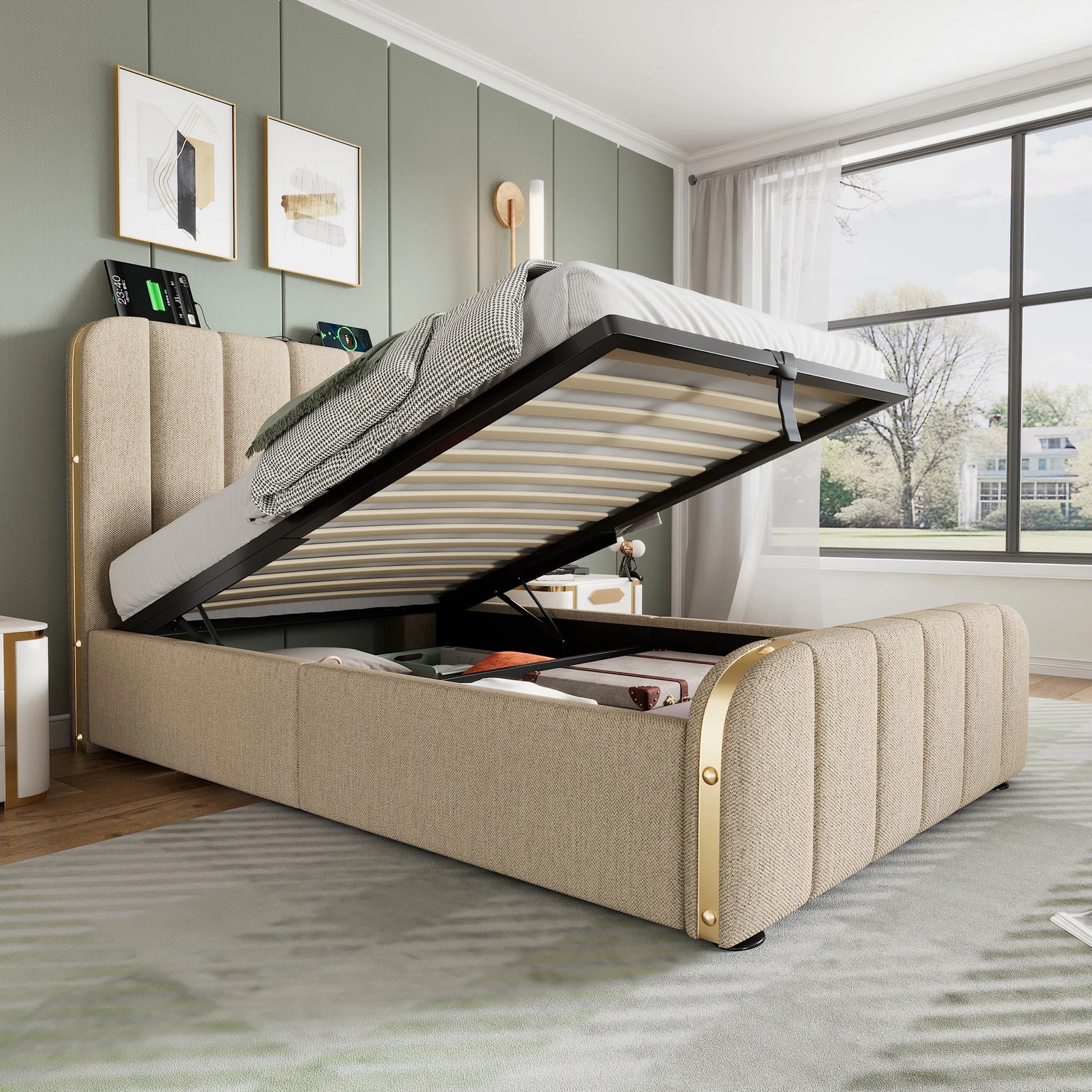Ledikant – Babybed – Meegroeibed – Peuterbed – Kinderbed – Beige Linnen Bekleding – Hydraulische Opbergruimte – USB & Type-C Oplaadpoort - QUORE