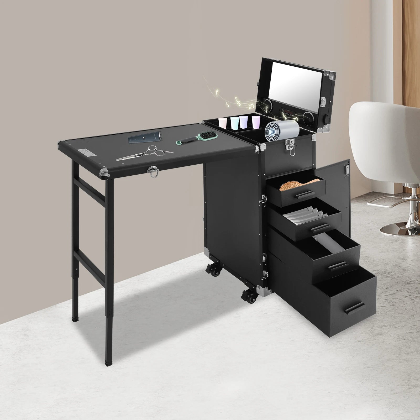 Manicure Tafel – Nageltafel – Nagelsalon Tafel – Draagbare Nageltafel – Opvouwbare Manicuretafel Zwart – Aluminium & ABS Materiaal – 4 Lades Met Remmende Wielen - QUORE