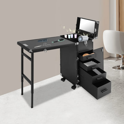 Manicure Tafel – Nageltafel – Nagelsalon Tafel – Draagbare Nageltafel – Opvouwbare Manicuretafel Zwart – Aluminium & ABS Materiaal – 4 Lades Met Remmende Wielen - QUORE