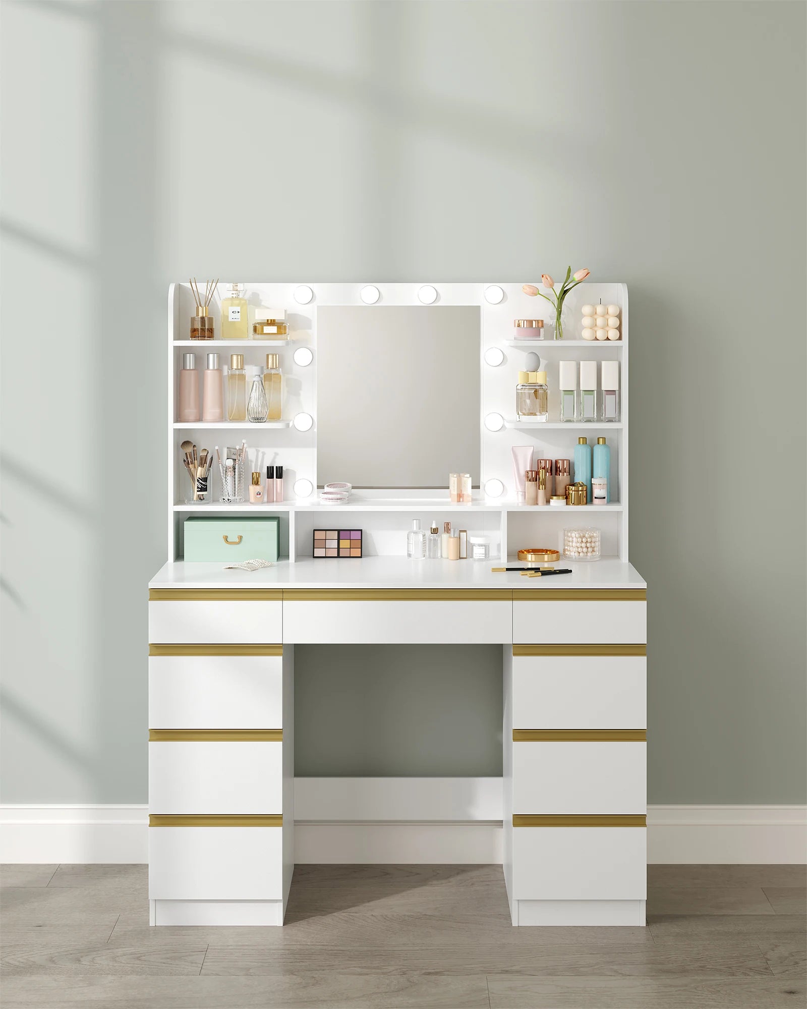 Kaptafel – Make-Up Tafel – Visagie Spiegel – Beauty Table – Met Dimbare LED-Verlichting – 9 Lades - QUORE