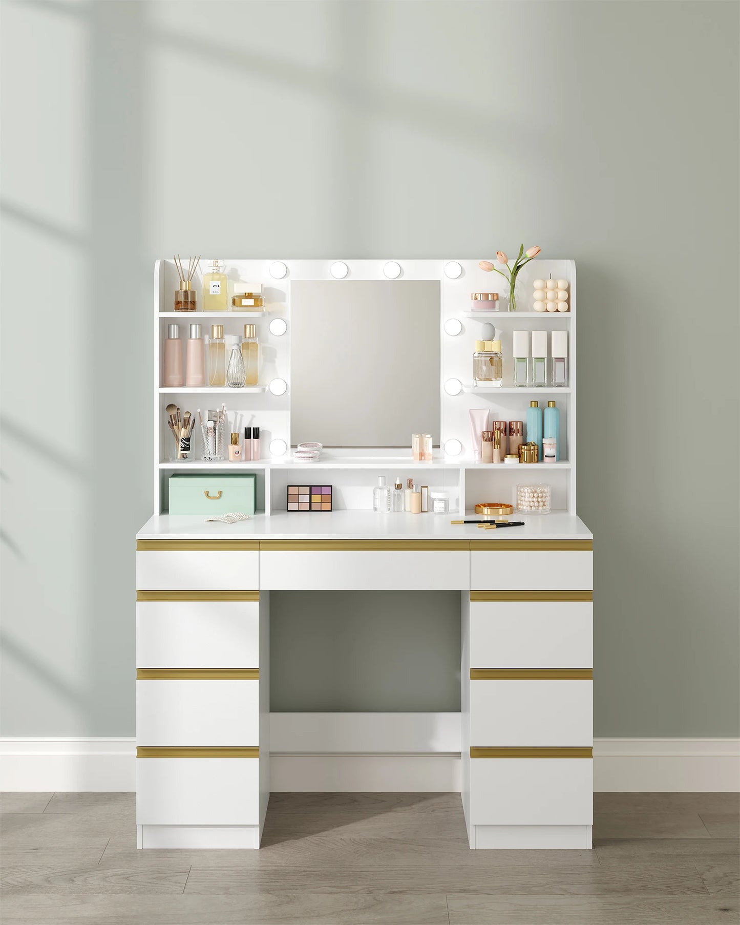 Kaptafel – Make-Up Tafel – Visagie Spiegel – Beauty Table – Met Dimbare LED-Verlichting – 9 Lades - QUORE