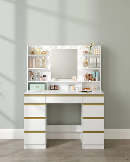 Kaptafel – Make-Up Tafel – Visagie Spiegel – Beauty Table – Met Dimbare LED-Verlichting – 9 Lades - QUORE