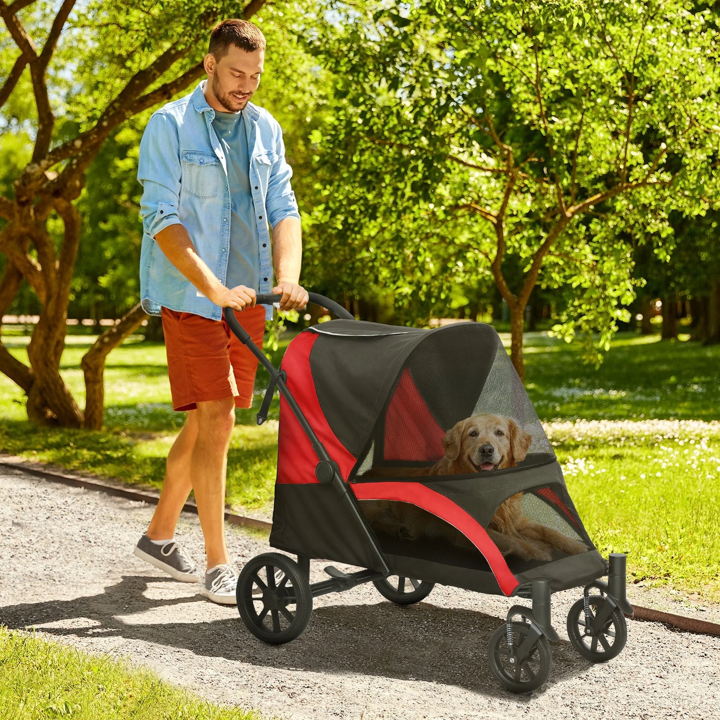 Hondenbuggy – Hondenwagen – Huisdierenwagen – Pet Stroller – Opvouwbare Wandelwagen – Geschikt Tot 30 kg – Stevig Stalen Frame - Zwart-Rood
