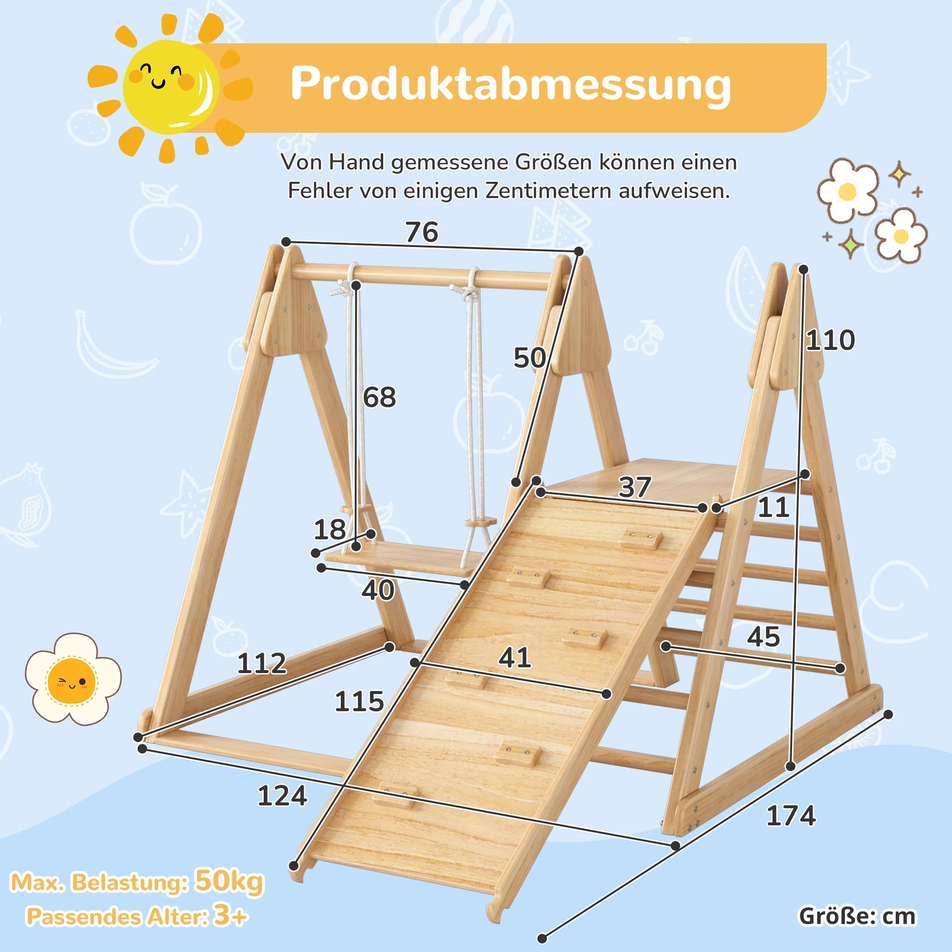 Houten Speeltoestel – Houten Klimtoestel – Houten Schommel – Kinder Speeltoestel – 3-In-1 Design – Instelbare Schommel – Antislip Platform - 124 x 174 x 110 cm - Houtkleur - QUORE