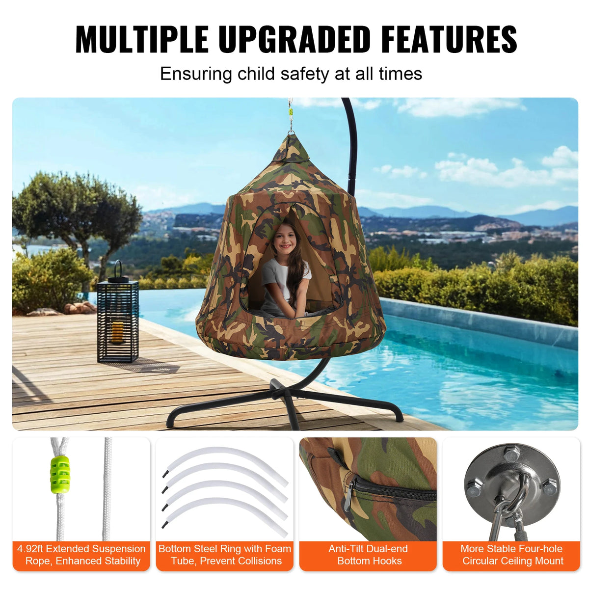 Hammock - Double Hammock - Hanging Chair - Hamac - Hammock Chair - Hanging Tree Tent - Hammock with a Capacity of 330 lbs - Outdoor Hanging Tent - Swing with LED Light String - String Camouflage