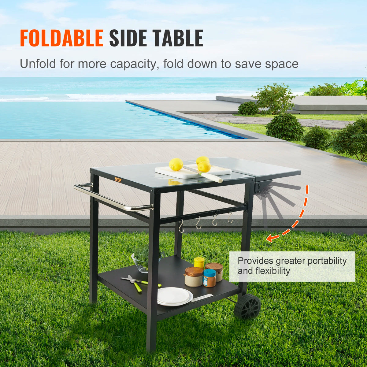 Eettafel met dubbele plank - BBQ verplaatsbare voedselbereidingstafel - opvouwbaar - pizza-ovenstandaard - tafelblad van ijzer/roestvrij staal - 56X56cm - QUORE