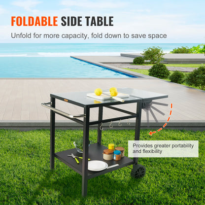 Eettafel met dubbele plank - BBQ verplaatsbare voedselbereidingstafel - opvouwbaar - pizza-ovenstandaard - tafelblad van ijzer/roestvrij staal - 56X56cm - QUORE