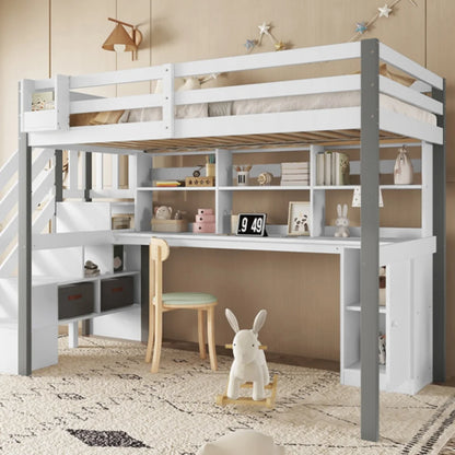 Hoogslaper – Metalen Bed – Eenpersoonsbed – Mezzanine – Kinderbed – 140x200 cm – Integraal Bureau & Opbergruimte – USB Oplaadstation met LED Verlichting