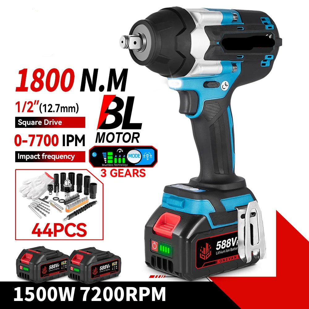 Slagmoersleutel - Slagschroevendraaier - Slagmoermachine -  Slagmoersleutel met Accu - Slagmoersleutel Elektrisch -  1800NM - 1/2" - Draadloze Impact Schroevendraaier met 2 Batterijen en EU-Stroomadapter (Zonder Accessoires)