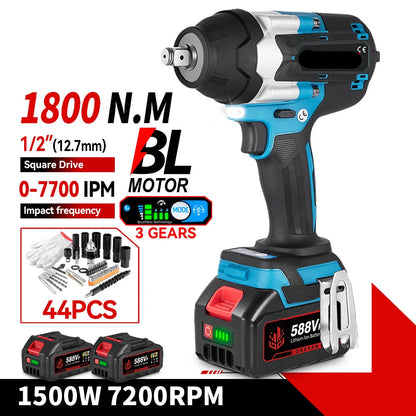 Slagmoersleutel - Slagschroevendraaier - Slagmoermachine -  Slagmoersleutel met Accu - Slagmoersleutel Elektrisch -  1800NM - 1/2" - Draadloze Impact Schroevendraaier met 2 Batterijen, EU-Stroomadapter en 12 Accessoires