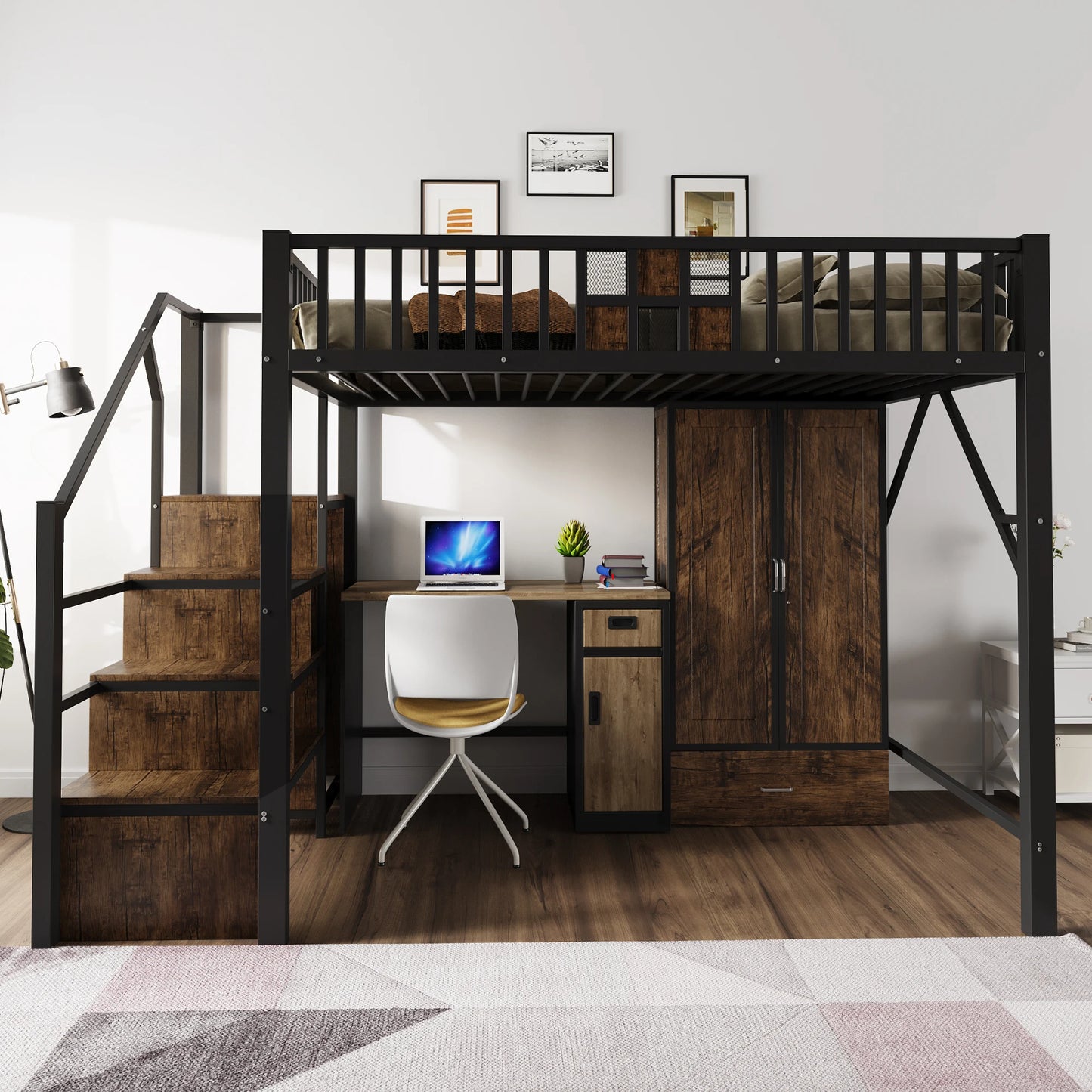 Tweepersoonsbed – Bedbank – Opbergbed – Slaapbed – Ledikant – Ruimtebesparend met Lades en Kast – 90x200 & 140x200 cm – Wit en Naturel – Inclusief Trapje en Deurframe – Zonder Matras