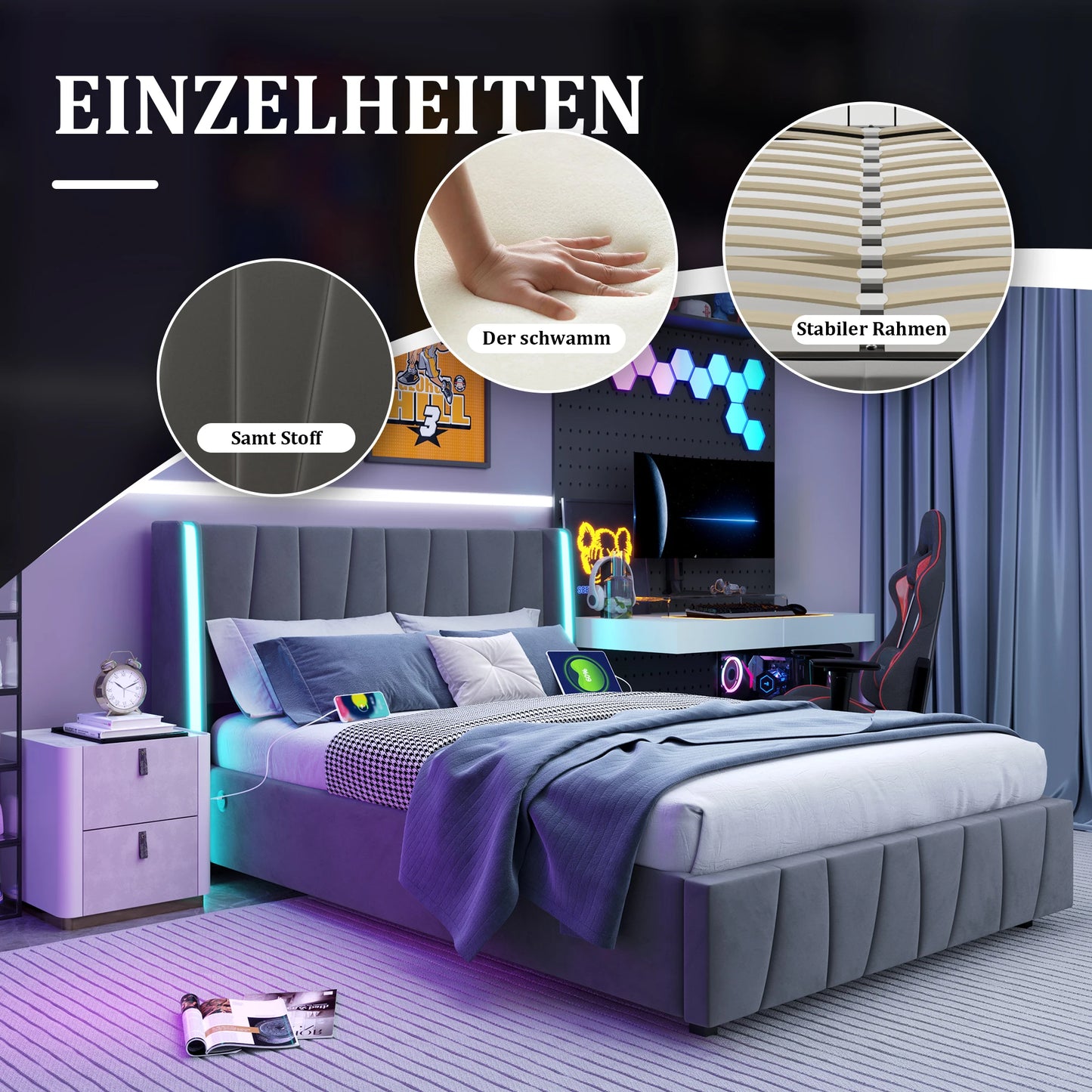 Bedframe 160x200 – Tweepersoonsbed – Boxspring – Bedombouw – Slaapkamermeubel – Fluweelstof Bekleding – Hydraulische Opbergruimte – USB Poorten – LED Sfeerverlichting