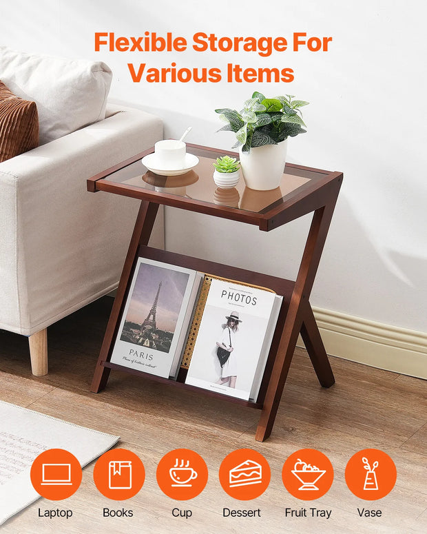 Koffietafel - Table - Coffe table - Living Room Table - Rotan Salontafel - Z-vormig - 47in - Rotan Geweven Bamboe Salontafel - met Gehard Glazen blad - voor Woonkamer Slaapkamer