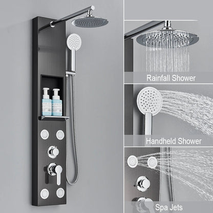 Douche - Regendouche - Douchewand - Douchekolom - Douchepanelen - Douchezuil met Opbergrek - Regendouche - Massagejets - Dubbele Handgreep - Zwart - QUORE