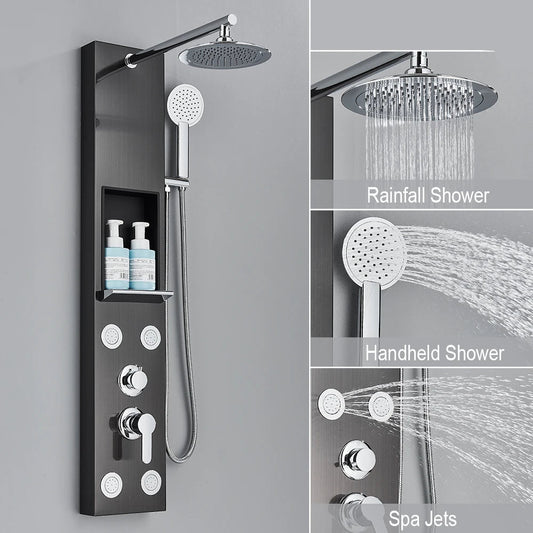 Douche - Regendouche - Douchewand - Douchekolom - Douchepanelen - Douchezuil met Opbergrek - Regendouche - Massagejets - Dubbele Handgreep - Zwart - QUORE
