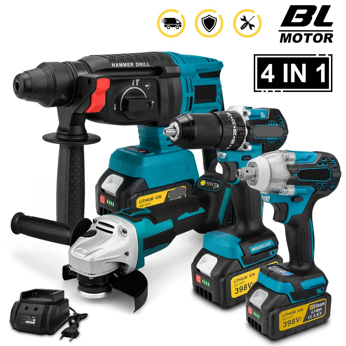 Accuboormachine - Accu Schroevendraaier - Boormachines - Accuboormachine - Slagmoersleutel, Haakse Slijper & Elektrische Boorhamer - 4-delige Brushless Gereedschap Set - QUORE