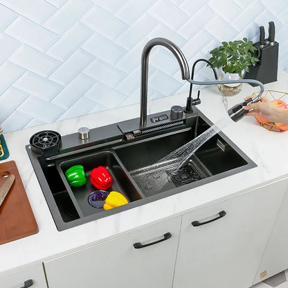 Stainless Steel Kitchen Sink Digital Display Large Single Slothotel Multifunction Wash Basin With Waterfall Faucet   Apartment