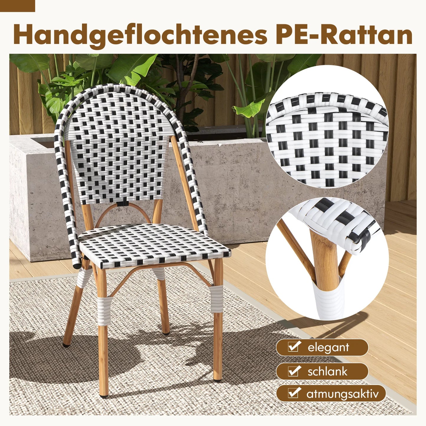 Set van 2 Rattan Tuinstoelen – Balkonstoelen Zonder Armleuningen – Verzinkt Metalen Frame – Geschikt voor Tuin, Keuken of Terras
