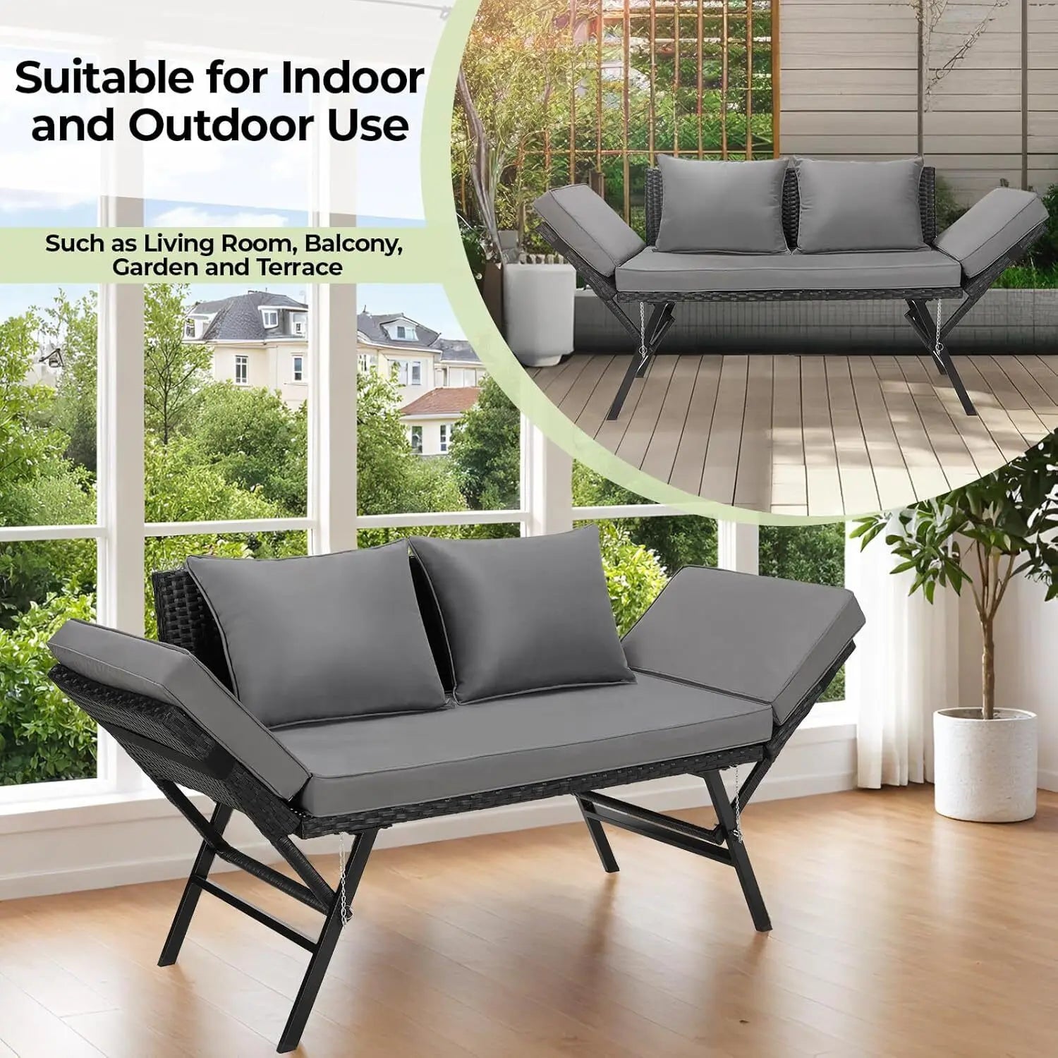 Tuinbank Polyrattan 3-zits – Loungeset – Buitenbank – Ligbank – Balkonbank – Verstelbare Armleuningen – Weerbestendig Zwart Polyrattan - QUORE