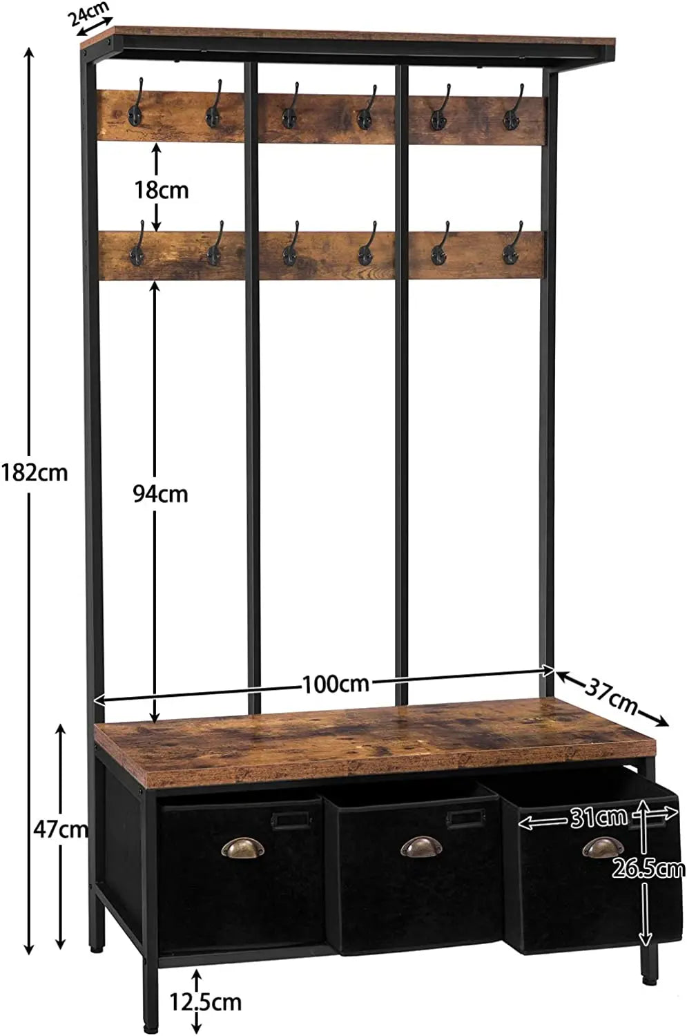 Kapstok – Opbergbank – Schoenkast – Halmeubel – Industrieel Design – 12 Haken – Houten Plank 100 Kg