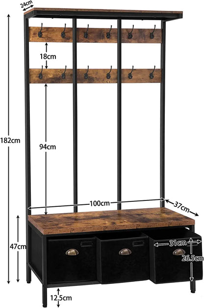 Kapstok – Opbergbank – Schoenkast – Halmeubel – Industrieel Design – 12 Haken – Houten Plank 100 Kg