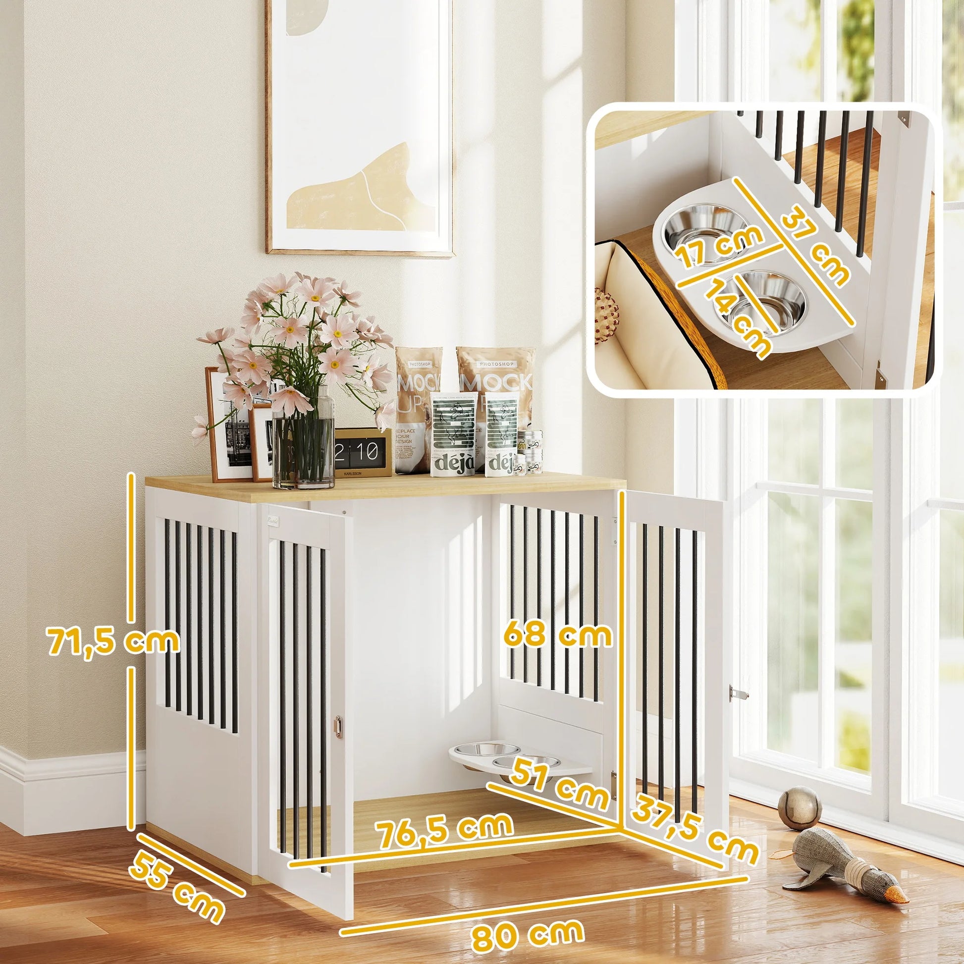 2-in-1 Hondenhok – Bench Met Zijtafel - Hondenbench – Hondenkooi – Hondenhuis – Dierenverblijf – Melamine Hout En Staal - 80 x 55 x 71,5 cm - Wit - QUORE