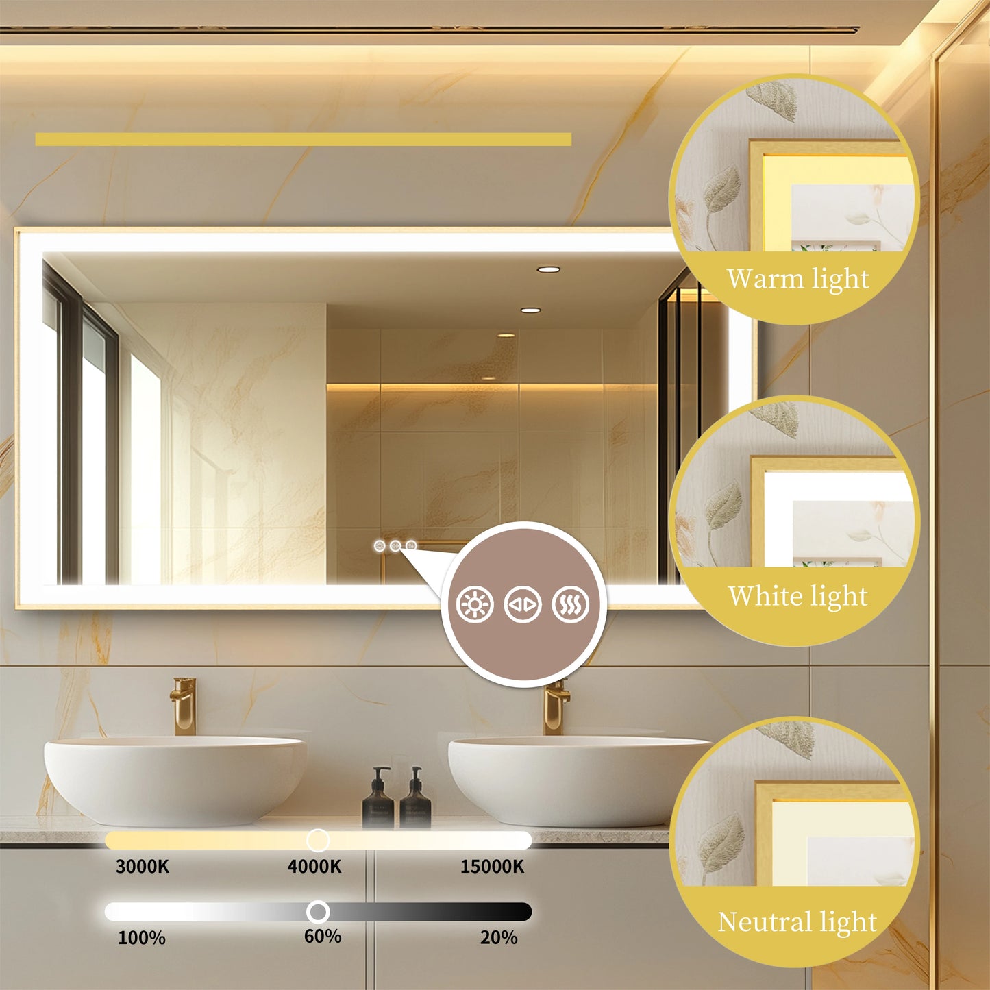 Badkamerspiegel – Verlichte Spiegel – Led Spiegel – Gouden Spiegel – Anti Condens Verwarming – Dimbare Kleurtemperatuur - 55x28inch - QUORE