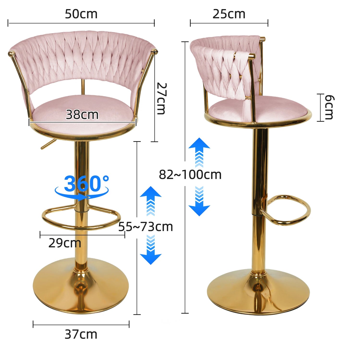 Keukenkruk – Barstoel – Kruk – Keukenstoel – Barkruk – Verstelbare Zithoogte – Fluwelen Bekleding & Geweven Rugleuning – Zwart Metalen Draaibaar Frame – Set van 2 - QUORE