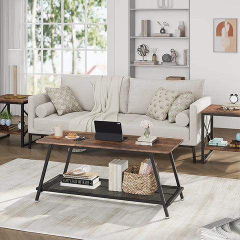 Industrial Coffee Table – 2-Layer Design – Metal Frame – Wood Look – With Storage Rack – Rustic Brown