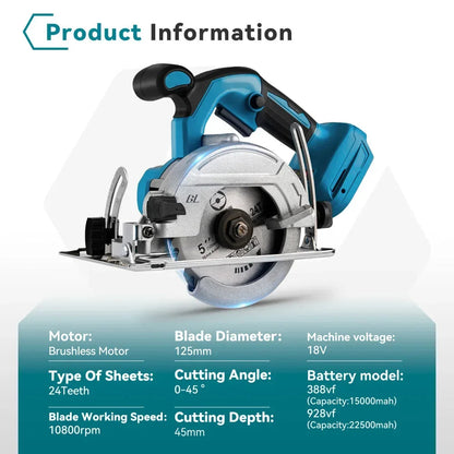 Accu Cirkelzaag - 125 mm Zaagblad - Handcirkelzaag - 0-45° Verstekzaag - Brushless Motor - Voor Hout - PVC - en Tegels - 10800RPM - Zonder Accu