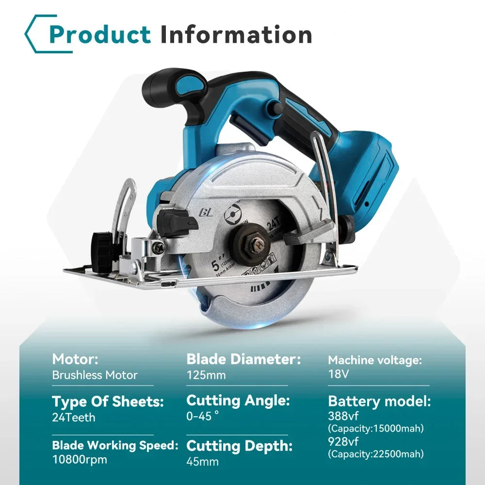 Accu Cirkelzaag - 125 mm Zaagblad - Handcirkelzaag - 0-45° Verstekzaag - Brushless Motor - Voor Hout - PVC - en Tegels - 10800RPM - 2 Accu's met 1 Lader