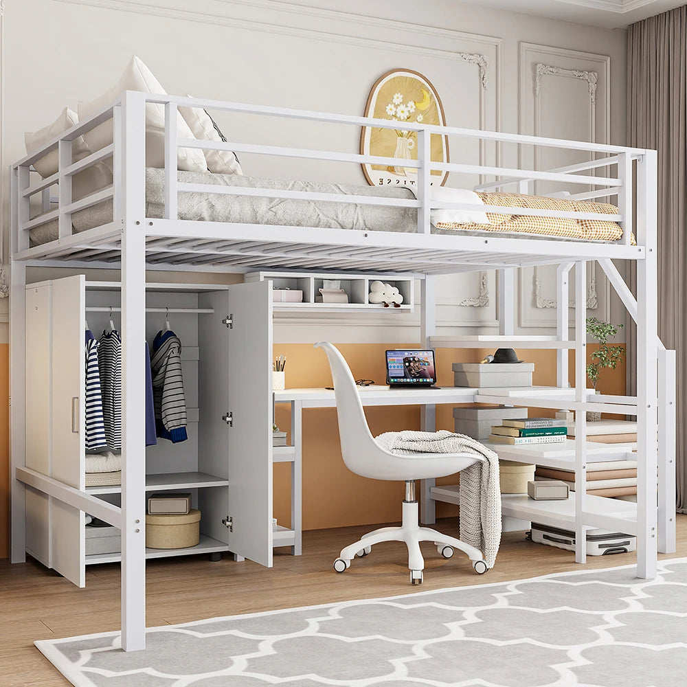 Kinderhoogslaper – Hoogslaper – Stapelbed – Halfhoogslaper – Multifunctioneel Bed – Wit 140x200cm – Met Kast En Bureau – Stevig Ijzeren Frame
