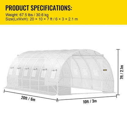 Tuinkas - Broeikas - Tunnelkas met PE Waterdichte Hoes - 20x10x7 ft - Gegalvaniseerd Staal - Wit - Draagbaar - Kas - Serre - Kweekkas - Foliekas - Groentekas - Tomatenkas - Voor Tuin en Plantbescherming