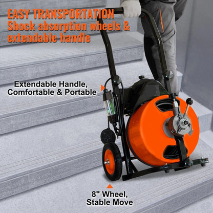 Elektrische Afvoerreiniger - Ontstoppingsveer - Rioolreinigersveer - Afvoerontstopper - 4 Snijbladen - 1800RPM Motor - 50FT - Opvouwbare - Handgreep - en Wielen - Voor Afvoeren - Toiletten - Goten