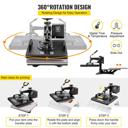 15x15 Inch 8-in-1 Hittepersmachine - 360° Draaibaar - LED Display - Sublimatie Transferpers voor Mokken, T-shirts & Meer - 1250W - Zwart