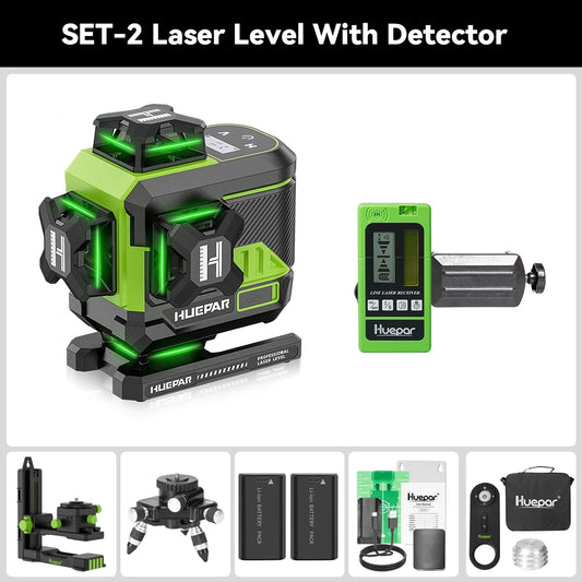 Huepar 4D 16 Lines Cross Line Laser Level Z04CG LCD Screen Bluetooth & Remote Control Osram Green Beam With 2x Li-ion Batteries