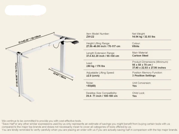Bureauframe - Koudgewalst Koolstofstaal -  Elektrisch Bureauframe - Compatibel Desktopformaat 100-180 cm - Verstelbaar 70-117 cm Hoogte en 95-158 cm - Silvier A1