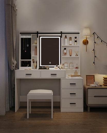 Kaptafel – Make-uptafel – Schminktisch – Dresser – Sieradentafel – Wit – Verstelbare LED-verlichting – Grote Schuifspiegel